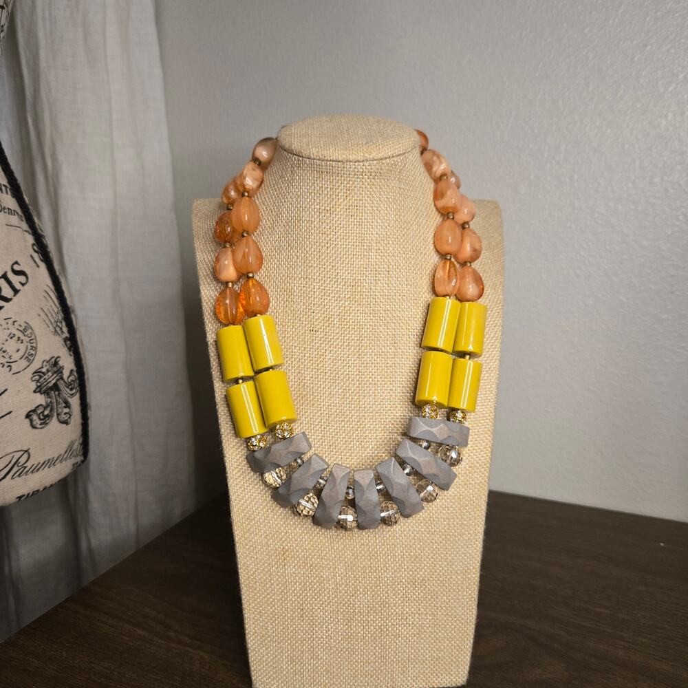 COS Beaded Statement Necklace - Orange, Yellow & Grey Chunky Bib Style.